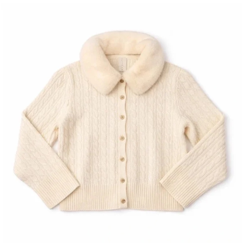 Joie Cream Cablekint Wool Blend Cardigan with Detachable Faux Fur Collar